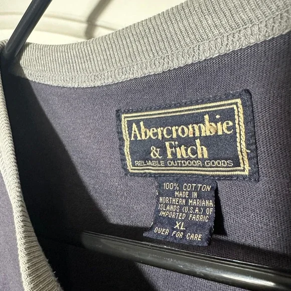 Vintage Abercrombie & Fitch Mens XL T Shirt Blue Ringer Tee Gray Spellout Cotton - Picture 2 of 3